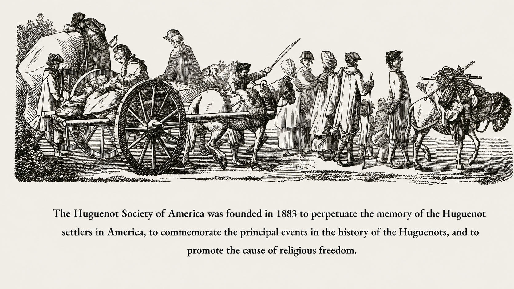 Historic engraving depicting Huguenot families traveling